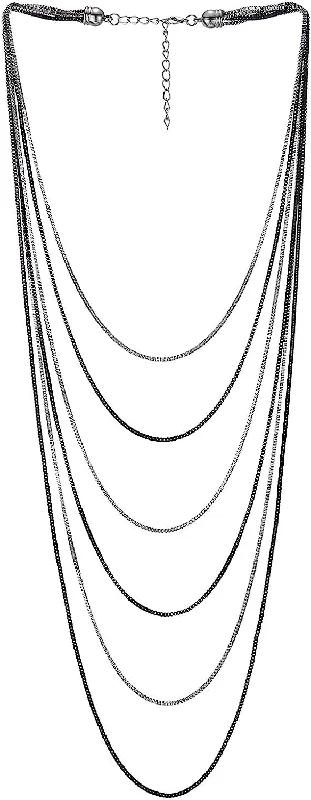 COOLSTEELANDBEYOND Multi-Strand Waterfall Statement Necklace Silver Black Choker Collar Box Chains, Dress Party Fashion