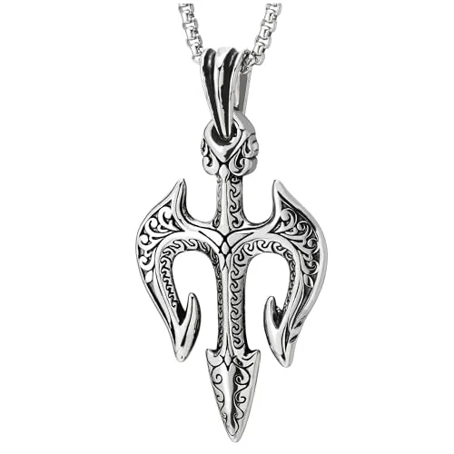 artisan-crafted platinum necklace-COOLSTEELANDBEYOND Neptune Trident Poseidon Protection Pendant, Stainless Steel Men Necklace, 30 in Wheat Chain