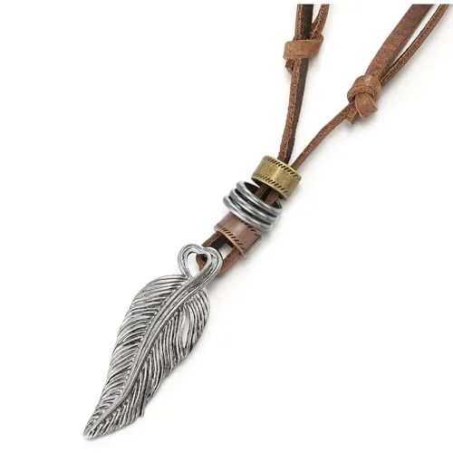 vintage-inspired ruby necklace-COOLSTEELANDBEYOND Retro Style Feather Pendant Unisex Necklace for Mens Womens with Adjustable Brown Leather Cord