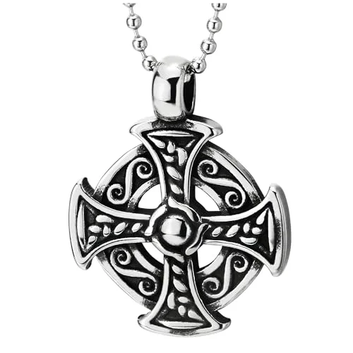 COOLSTEELANDBEYOND Stainless Steel Celtic Cross Pendant Vintage Pattern, Mens Women Necklace with 30 in Ball Chain