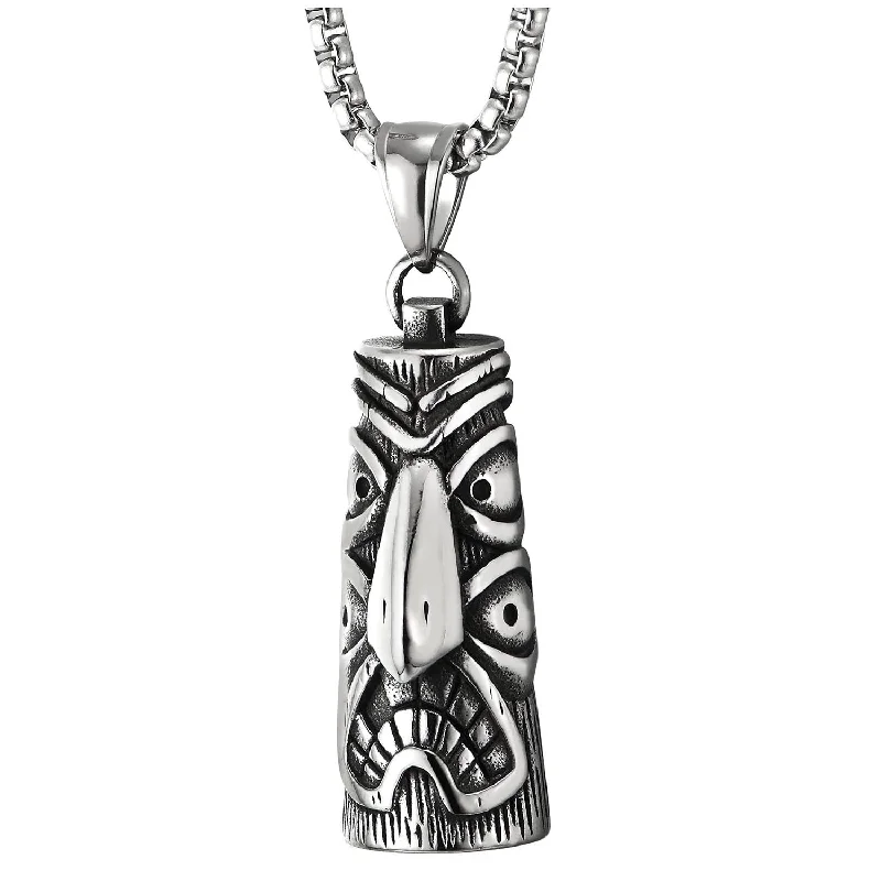 Steel Maya Indian Totem Icon Thunderbird Cylinder Pendant Necklace, Retro