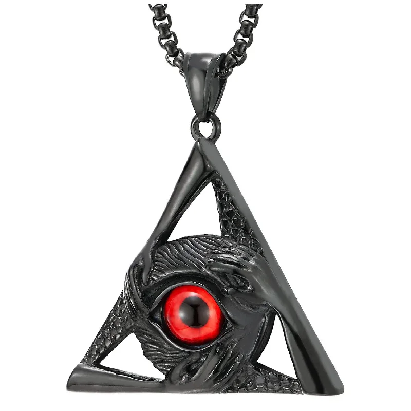 Steel Red Evil Eye Protection Hands Black Triangle Pendant Necklace for Men Women 30 in Wheat Chain