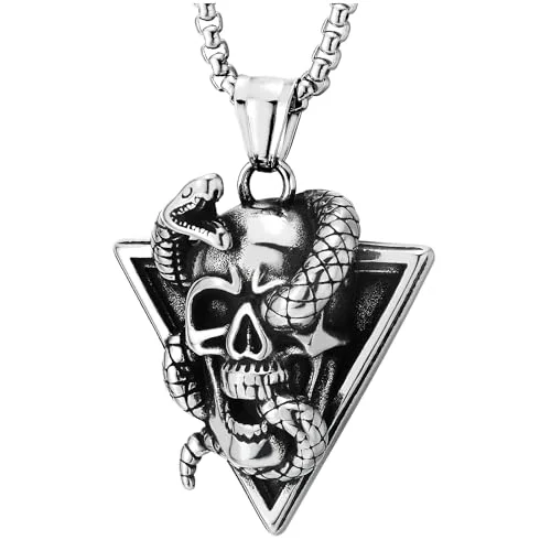 floral channel diamond necklace-COOLSTEELANDBEYOND Triangle Snake Skull Pendant, Men Stainless Steel Necklace, Punk Rock, 30 inches Wheat Chain