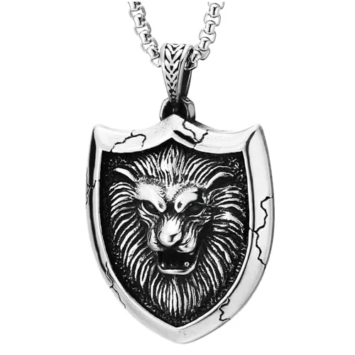 gothic-inspired dragon necklace-COOLSTEELANDBEYOND Vintage Steel Lion Head Shield Medallion Pendant Mens Necklace, 30 inches Wheat Chain