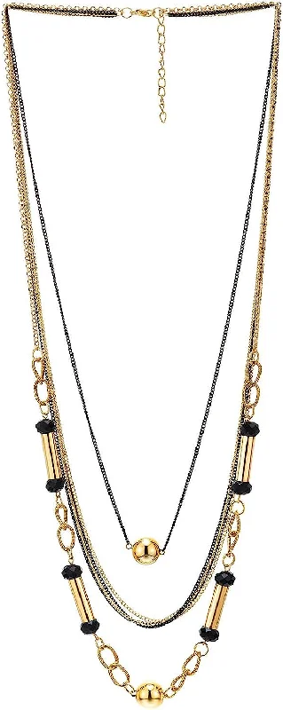 COOLSTEELANDBEYOND Waterfall Statement Necklace, Gold Black Multi-Strand Chains with Black Beads, Tube Charms and Circle Link, Party