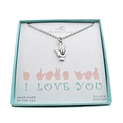 American Sign Language I Love You Sign Necklace in Antique Silver Pewter