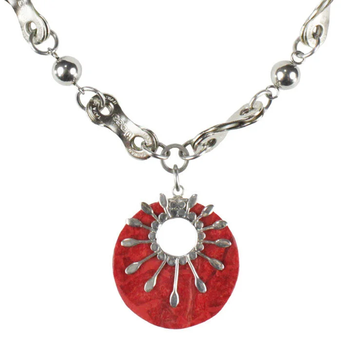 Coral & Sterling Silver Sunburst Necklace