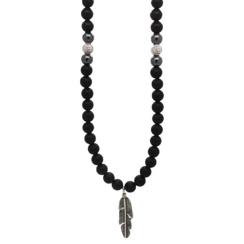 Feather Matte Onyx Beaded Necklace - Sterling Silver