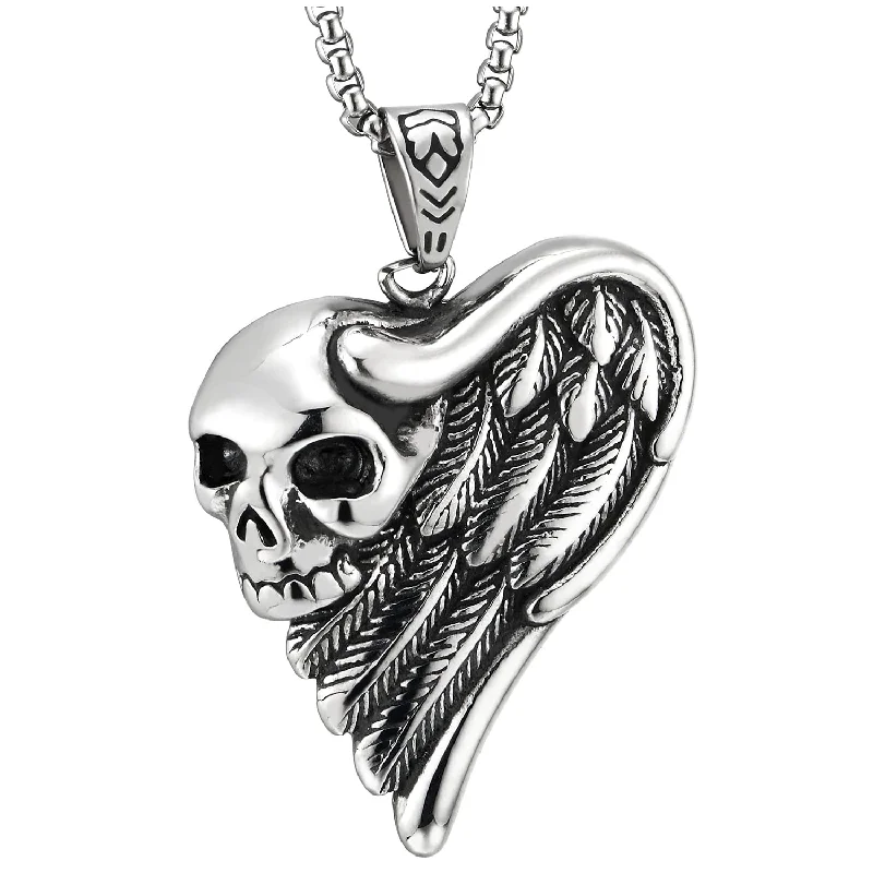 dainty thorn chain necklace-Gothic Man Women Steel Vintage Skull Angel Wing Half Heart Pendant Necklace, 30 inches Wheat Chain