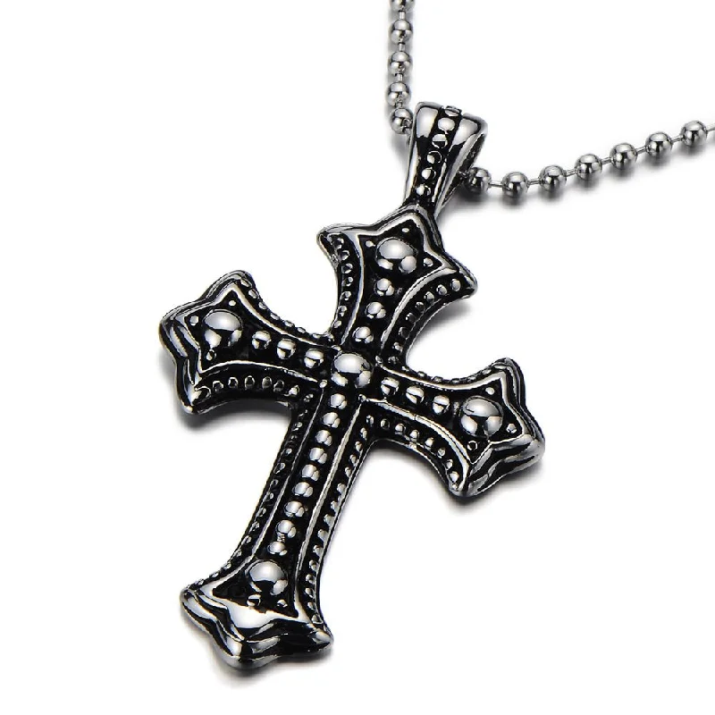 Gothic Vintage Cross Pendant Necklace Stainless Steel Unisex Silver Black Two-tone Ball Chain