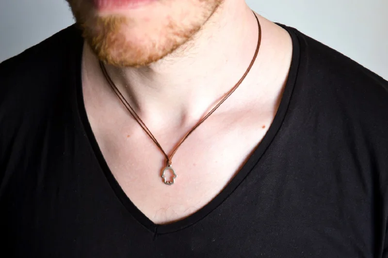 Silver Hamsa necklace for men, brown cord, Jewish jewelry