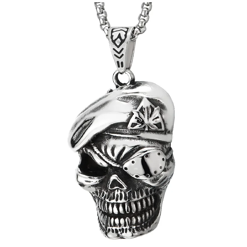 Hip Hop Rock Punk Mens Stainless Steel Pirate Skull with Hat Pendant Necklace, 30 inches Wheat Chain