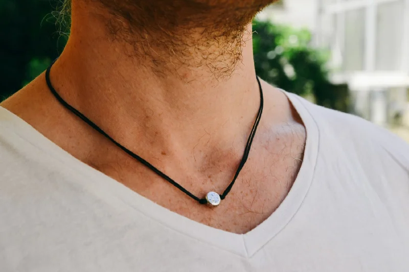 artisan-crafted larimar necklace-Karma necklace for men, black cord, silver bead pendant, gift for him