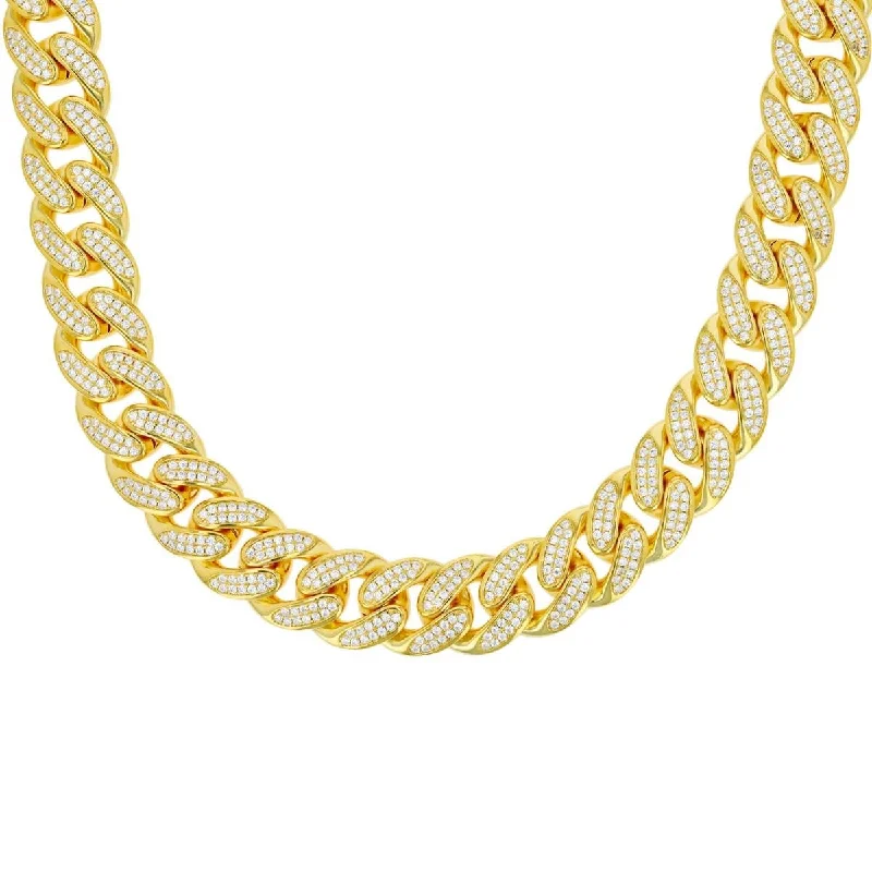 polished gold stack necklace-Luxe Layers 14KT Yellow Gold Plated Sterling Silver Cubic Zirconia 24-inch 13MM Cuban Link Chain