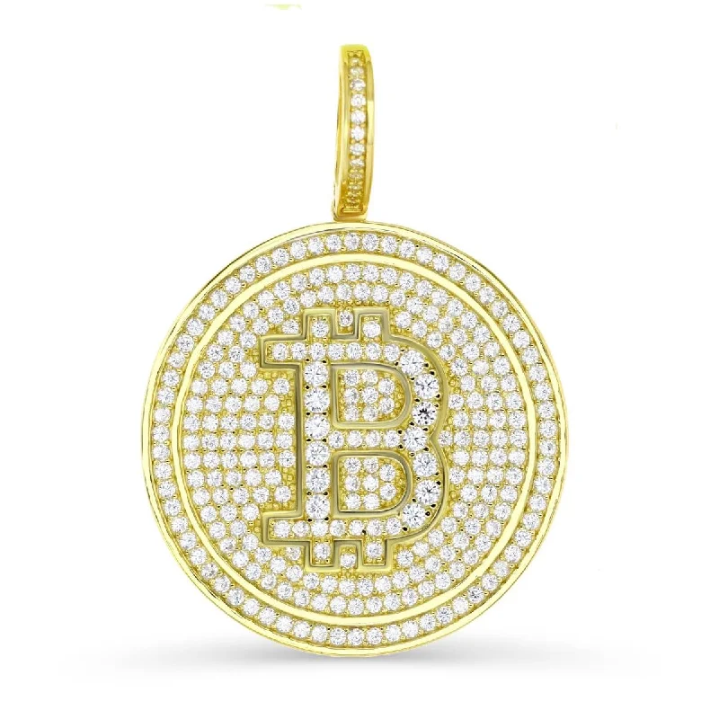 bold ruby ridge necklace-Luxe Layers 14KT Yellow Gold Plated Sterling Silver Cubic Zirconia 30MM Bitcoin Pendant. Chain Not Included