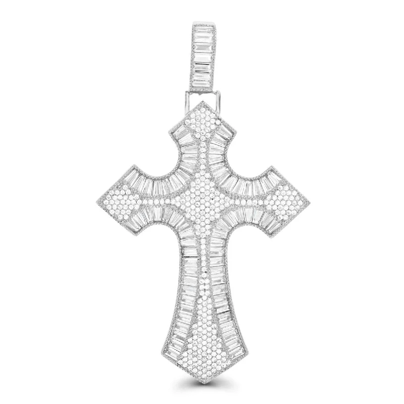 modern sleek crest necklace-Luxe Layers Sterling Silver Baguette Cubic Zirconia 83X49MM Cross Pendant. Chain Not Included