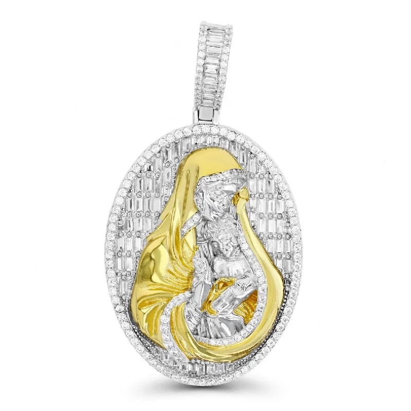 bohemian crest necklace-Luxe Layers Sterling Silver Cubic Zirconia 63X35MM Virgin Mary Pendant. Chain Not Included