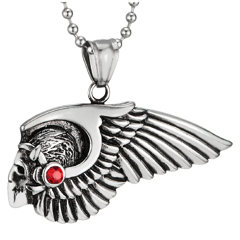 Man Women Steel Vintage Chimpanzees Angel Wing Pendant Necklace with Red Cubic Zirconia