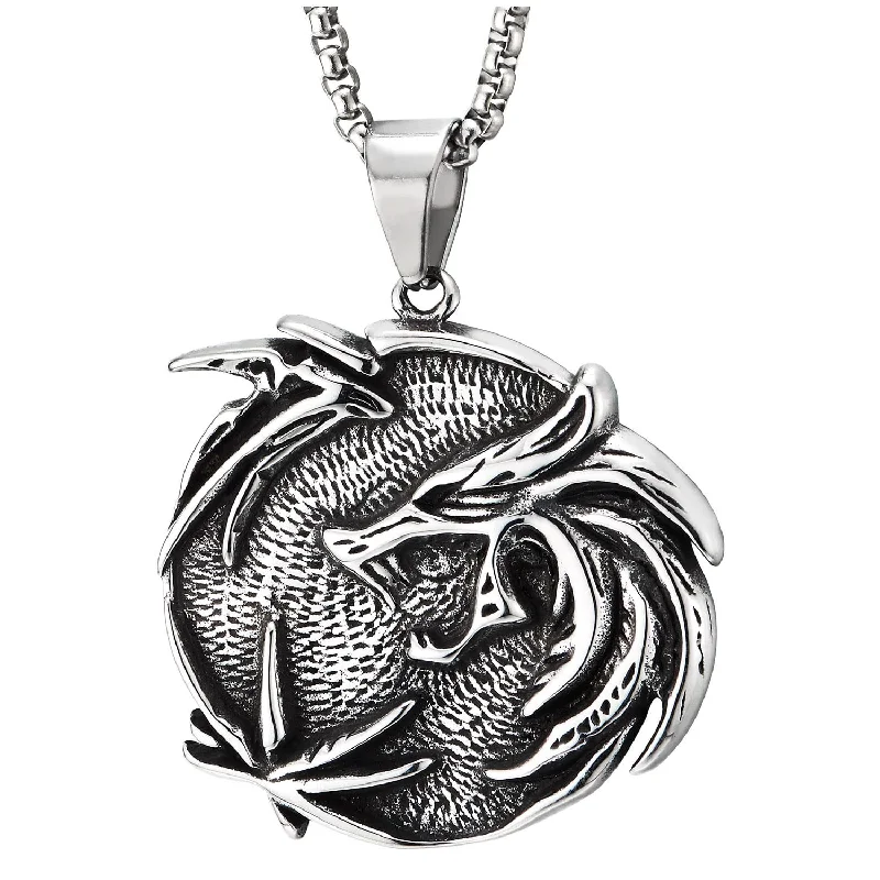 Men Biker Jewelry Steel Dragon Circle Medal Pendant Necklace, Silver Black, 30 inches Wheat Chain