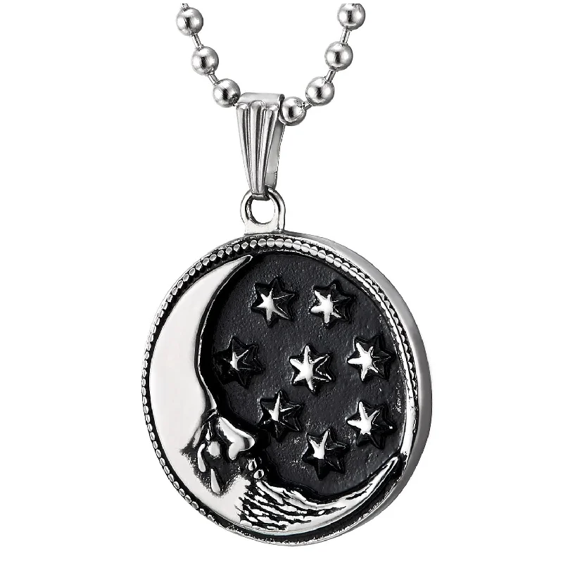 Men Women Stainless Steel Black Silver Crescent Moon Face and Stars Circle Medal Pendant Necklace