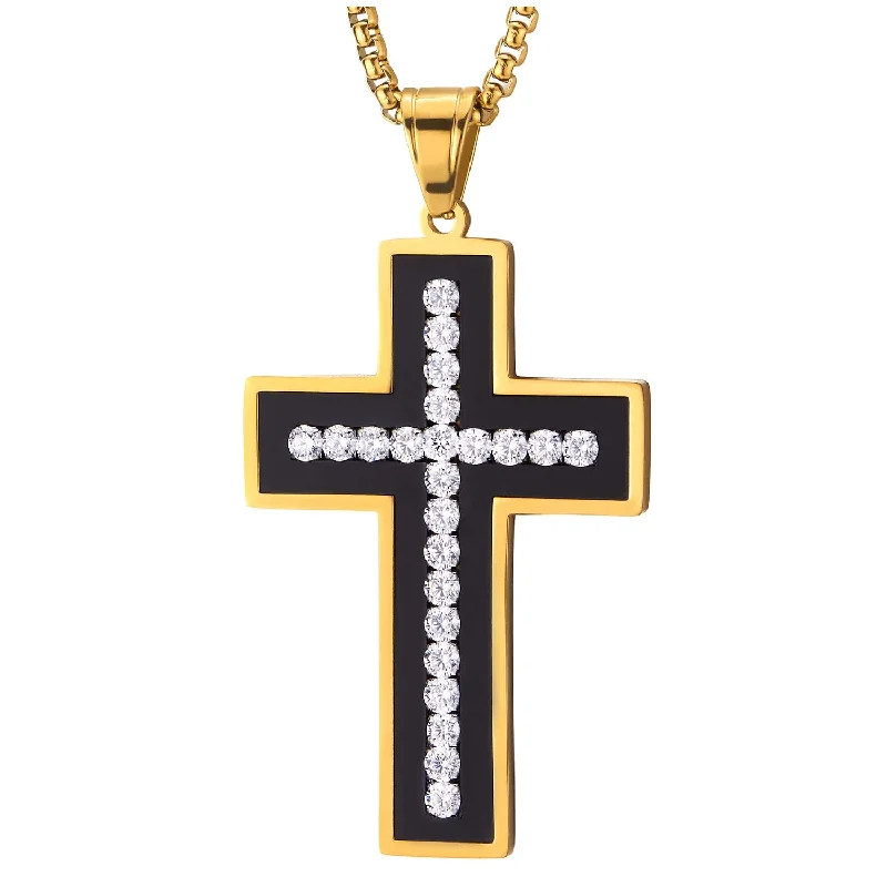 dainty thorn chain necklace-Men Women Stainless Steel Gold Black Cross Pendant Necklace with Cubic Zirconia, Unique Inlay Design