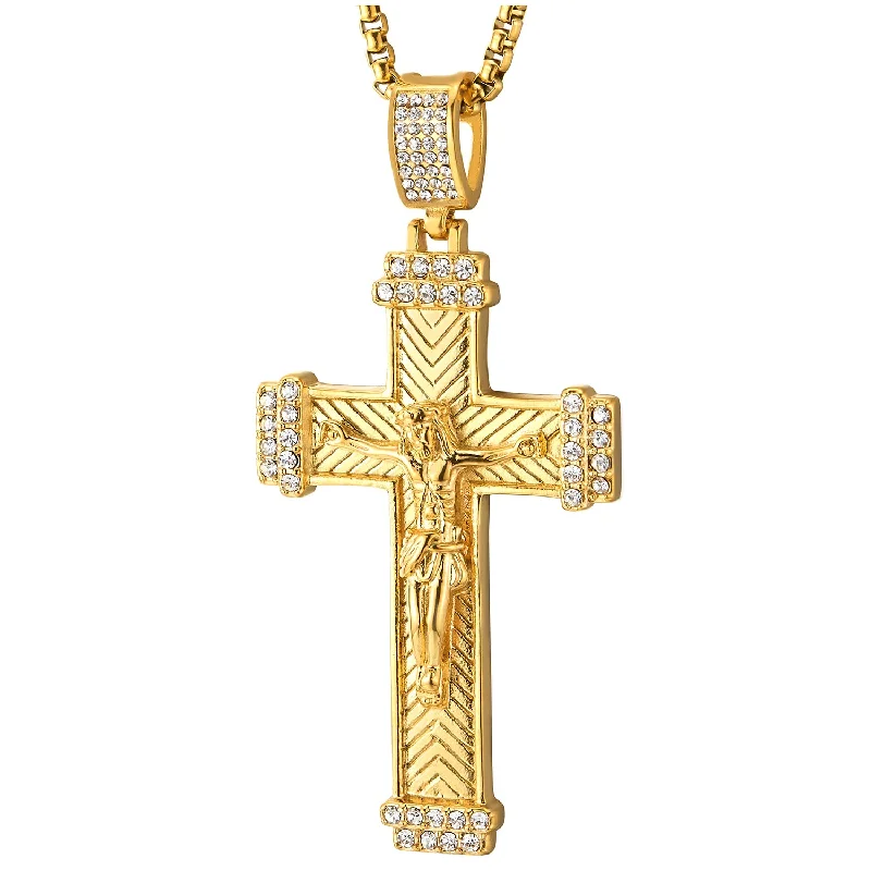 art deco spinel necklace-Men Women Steel Gold Color Jesus Christ Crucifix Cross Pendant Necklace with Cubic Zirconia