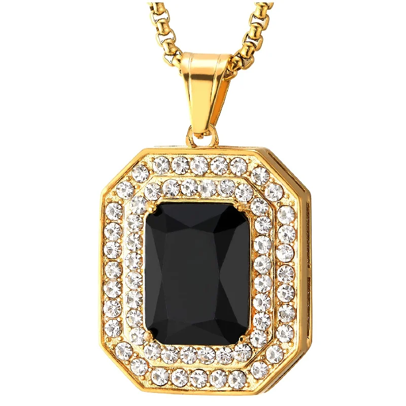 bold emerald ridge necklace-Men Women Steel Gold Color Rectangle Medal Pendant Necklace with Black Onyx and Cubic Zirconia