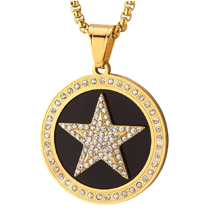 Men Women Steel Gold Color Star Circle Medal Pendant Necklace with Cubic Zirconia and Black Onyx