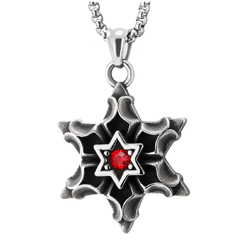 adjustable fern pendant necklace-Men Women Steel Vintage Concave Star of David Pendant Necklace with Red Cubic Zirconia