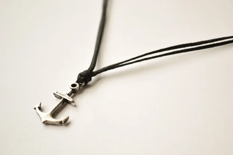 gothic-inspired crow necklace-Men's anchor necklace with black cord, silver pendant, gift for him