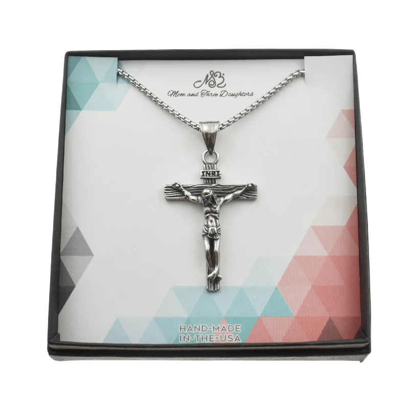 artisan-crafted gold necklace-Men's Crucifix Necklace Set in Stainless Steel