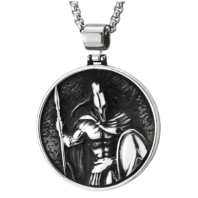 Mens Stainless Steel Black Silver Warrior Circle Medal Pendant Necklace with 30 inches Wheat Chain