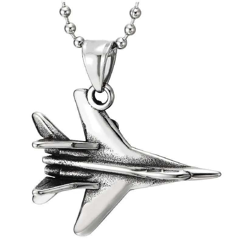 Mens Stainless Steel Vintage Fighter Plane Airplane Pendant Necklace with 23.6 inches Ball Chain