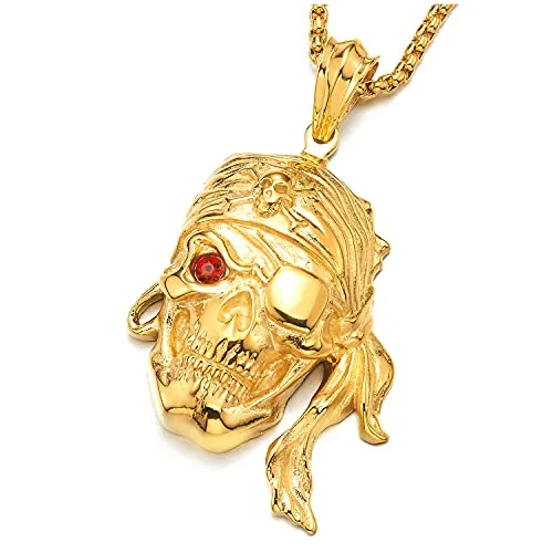 Mens Steel Viking Pirate Skull Pendant Necklace with Red Cubic Zirconia and 30 inches Wheat Chain