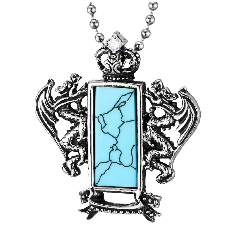 Mens Steel Vintage Crown Double Dragons Medal Pendant Necklace with Turquoise, 30 inches Ball Chain