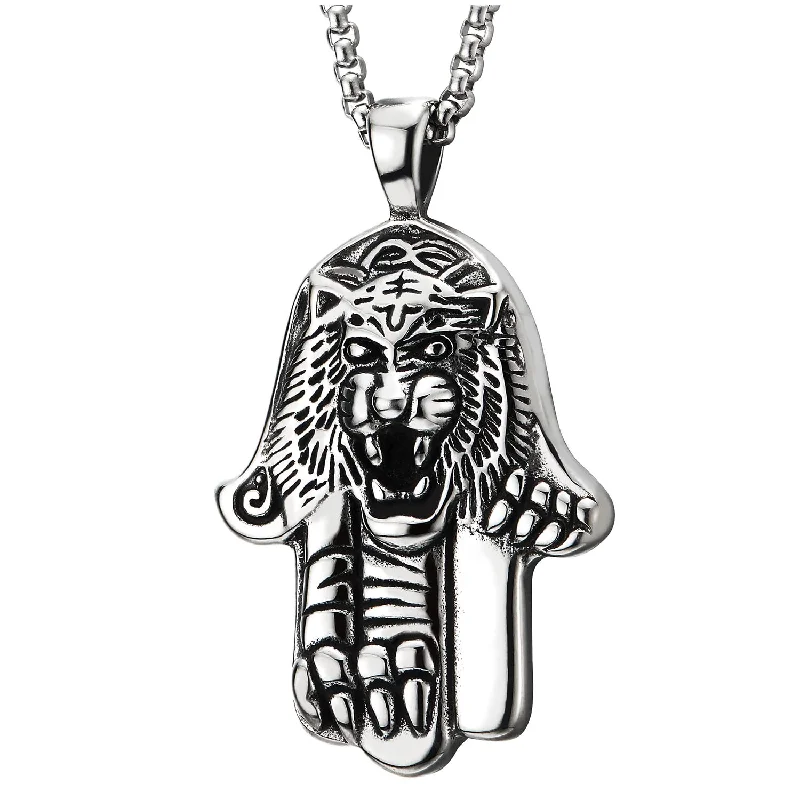 Mens Vintage Stainless Steel Convex Lion Head Hand Pendant Necklace, 30 inches Wheat Chain