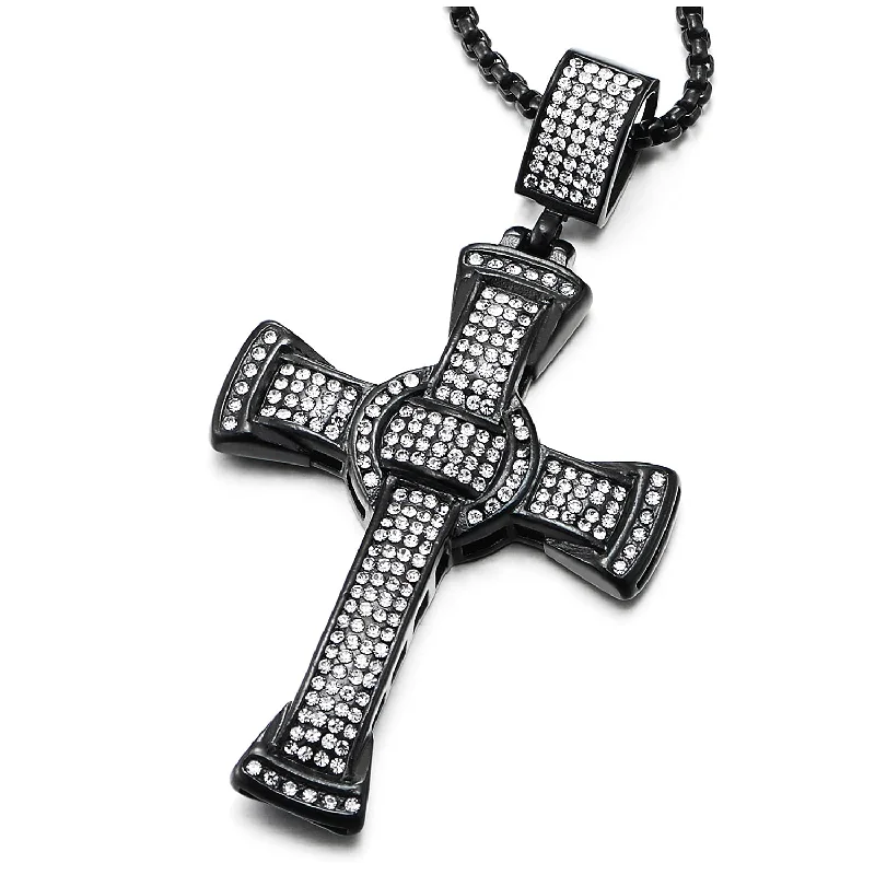 Mens Women Large Steel Black Cross Pendant Necklace with Cubic Zirconia and 30 inches Wheat Chain