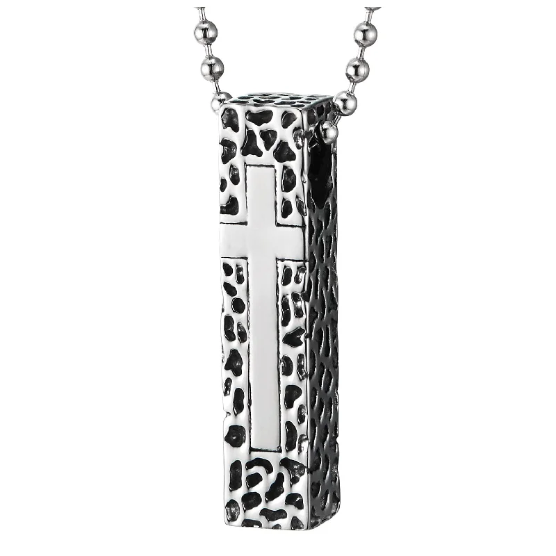 vintage-style alexandrite necklace-Mens Women Steel Textured Cuboid Pillar Bible Cross Pendant Necklace, with 30 in Chain