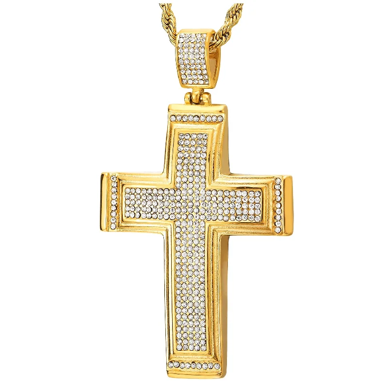 Mens Womens Large Gold Color Steel Cross Pendant Necklace with Cubic Zirconia Pave, 30 in Rope Chain