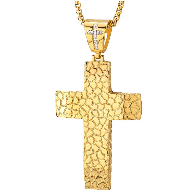 modern stacked kyanite necklace-Mens Womens Steel Gold Color Grooved Pattern Cross Pendant Necklace with Cubic Zirconia