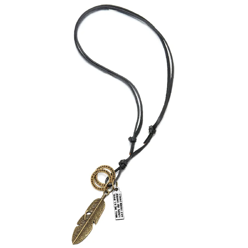 Retro Style Aged Brass Feather Pendant with Adjustable Brown Leather Cord Necklace Unisex Men Women