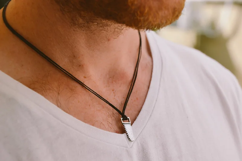 Silver Saw necklace for men, black cord, gift for him