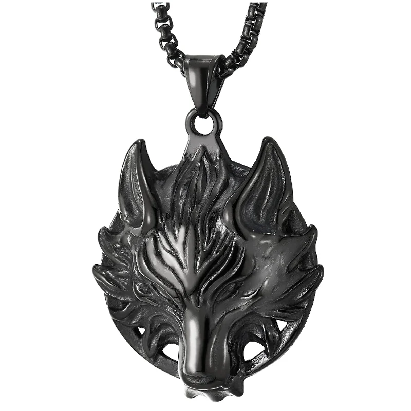 Stainless Steel Mens Vintage Wolf Head Pendant Necklace, Punk Rock, 30 inches Steel Wheat Chain