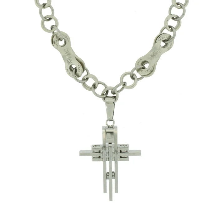 raw kunzite accent necklace-Stainless Steel Tri-Line Cross