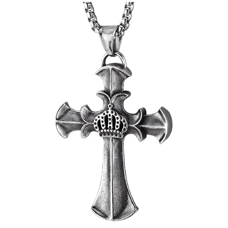 artisan-crafted gold necklace-Stainless Steel Vintage Crown Cross Pendant Necklace for Men Women, 23.6 inches Wheat Chain