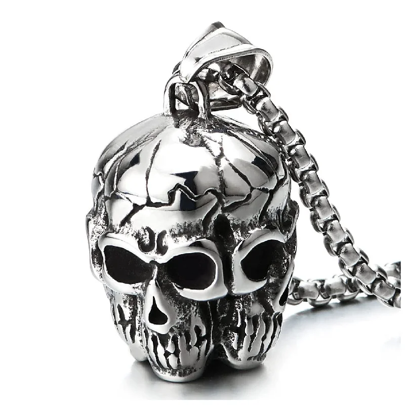 Steel All-around 4 Skull Faces Pendant Necklace for Men, High Polished, 23.6 Inches Wheat Chain