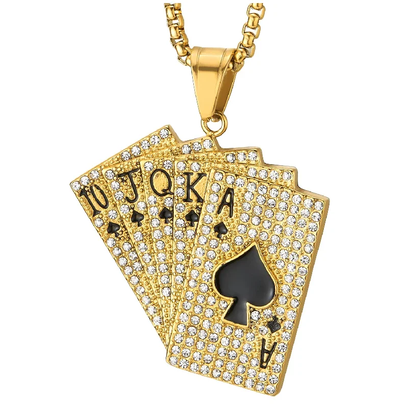 bohemian crest necklace-Steel Gold Color Ace Card Poker Spade Sequence Pendant with Cubic Zirconia Necklace for Man Women