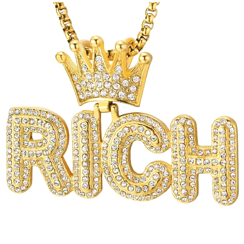 Steel Gold Color Hip Hop Punk Crown Rich Pendant with Cubic Zirconia Necklace for Men Women