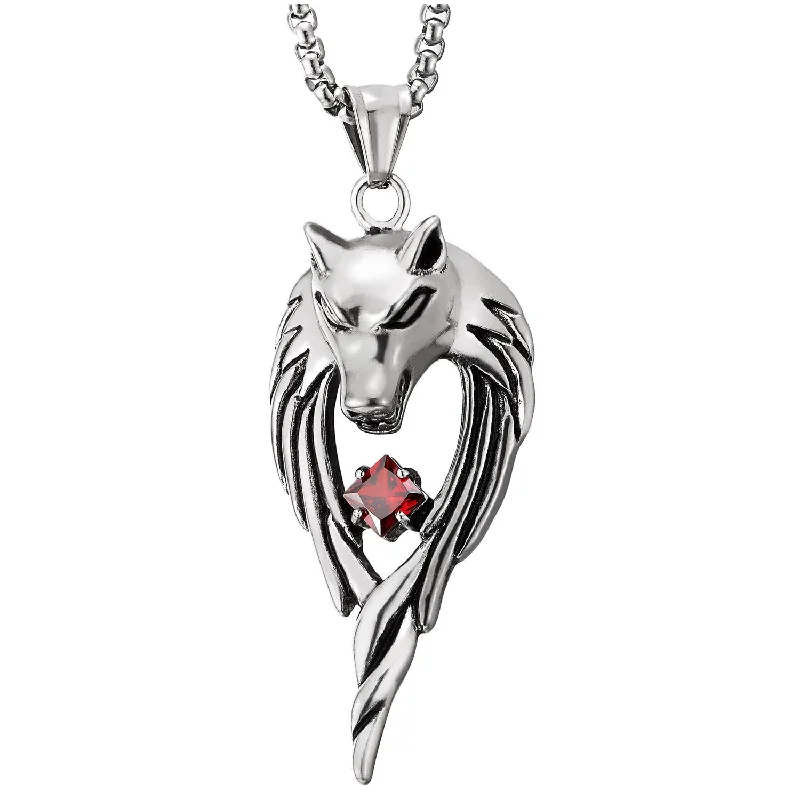 minimalist octagon necklace-Steel Mens Women Wolf and Wings Pendant Necklace with Red Cubic Zirconia, 30 inches Steel Chain