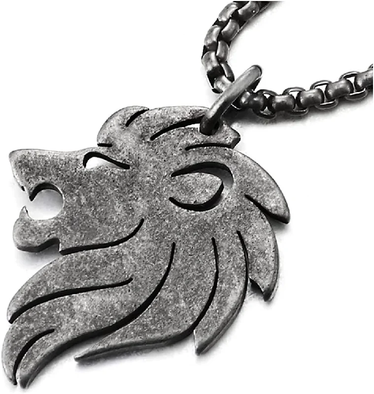 Steel Oxidized Old Metal Finishing Lion Pendant Necklace for Men Women, 21 inches Wheat Chain